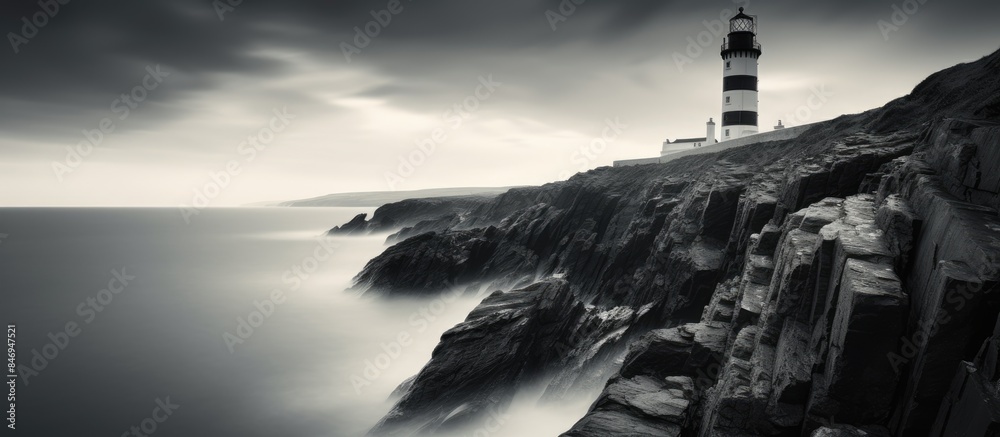 Poster Dramatic image of a lighthouse situated on a rugged cliff against a dark and moody sky. with copy space image. Place for adding text or design
