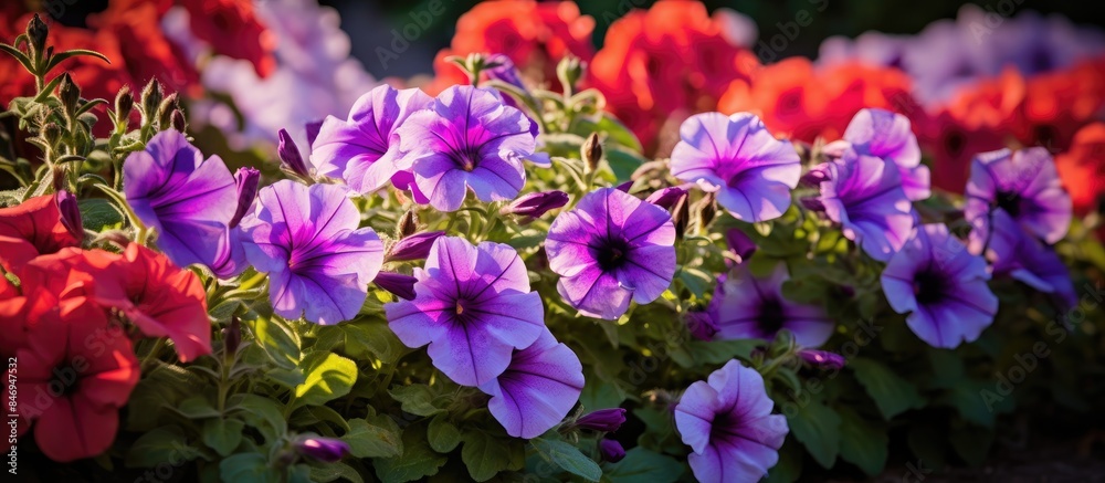 Poster Purple and red blooming flowers surrounded by lush green leaves in a garden setting. with copy space image. Place for adding text or design