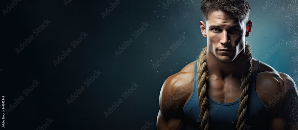 Wall mural A man sporting a lengthy braid hairstyle while wearing a sleeveless blue top, captured in a vibrant setting. with copy space image. Place for adding text or design - Wall murals