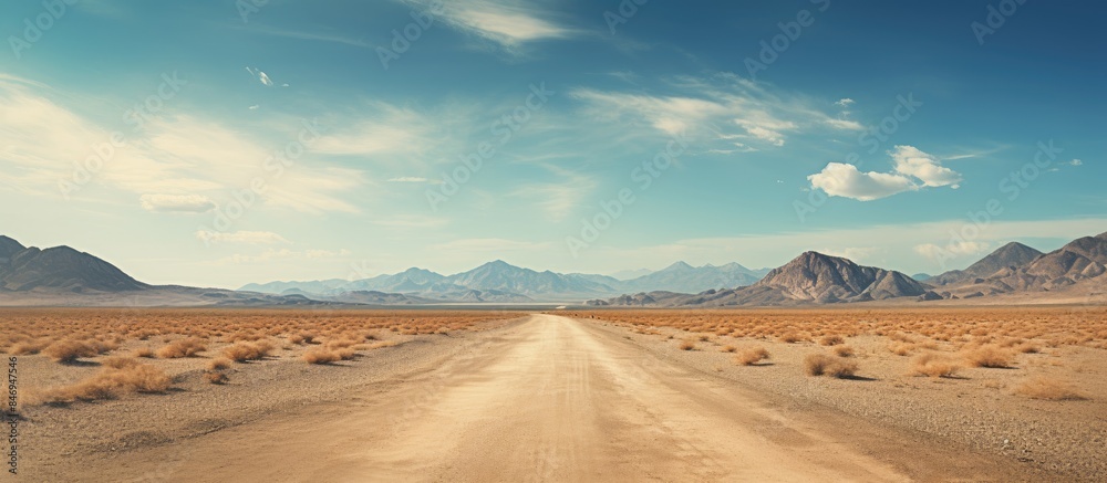 Poster Truck with tire on dusty path leading through dry field towards distant hills. with copy space image. Place for adding text or design
