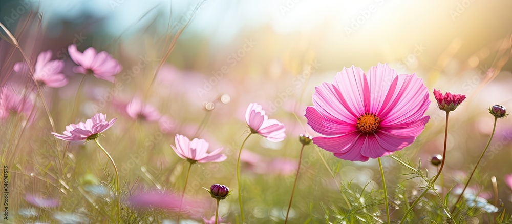 Poster pink cosmos flower prominently grows in a grassy field, turning towards the sun amidst a backdrop of