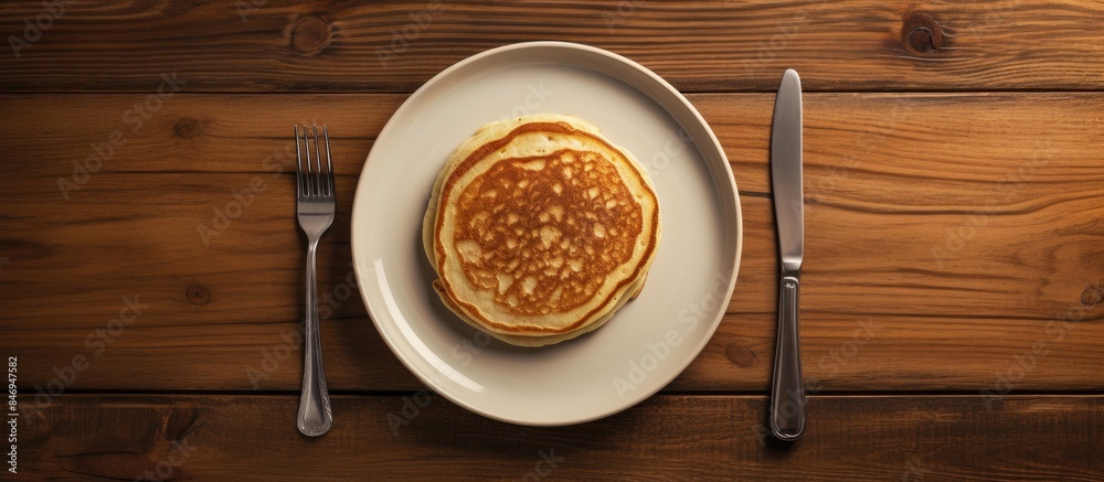 Aufkleber Plain pancakes served with forks on a plate on a rustic wooden table. with copy space image. Place for adding text or design