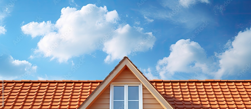 Poster Roof of a house with a window looking up towards the clear sky background. with copy space image. Place for adding text or design