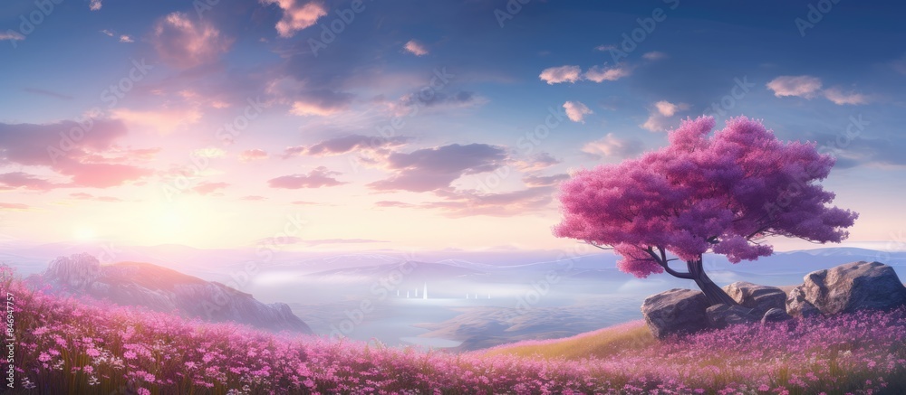 Poster scenic landscape showcasing a tree standing tall among a colorful meadow of blooming flowers with a 