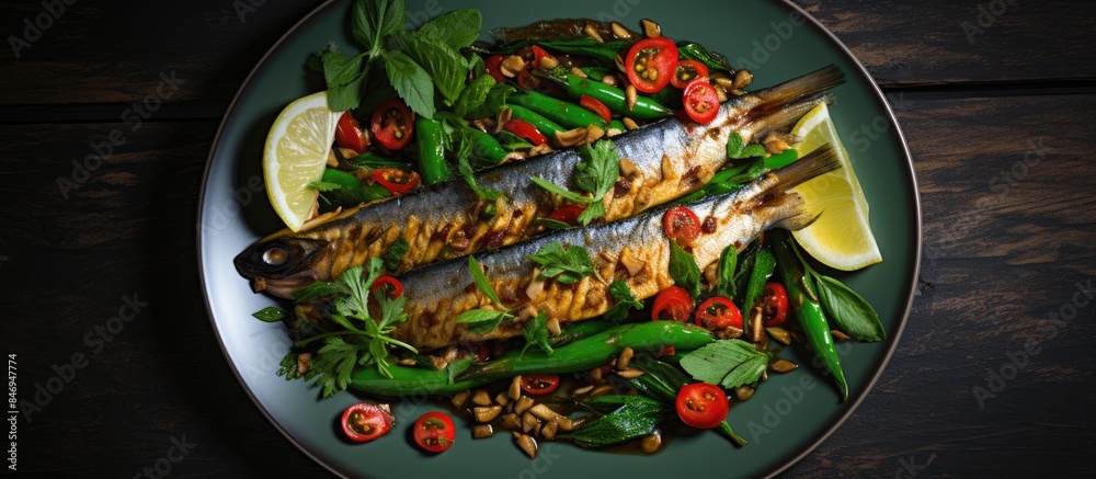 Leinwandbilder spicy stir-fried mackerel fish with sliced yard long beans and basil leaves served on a plate with v