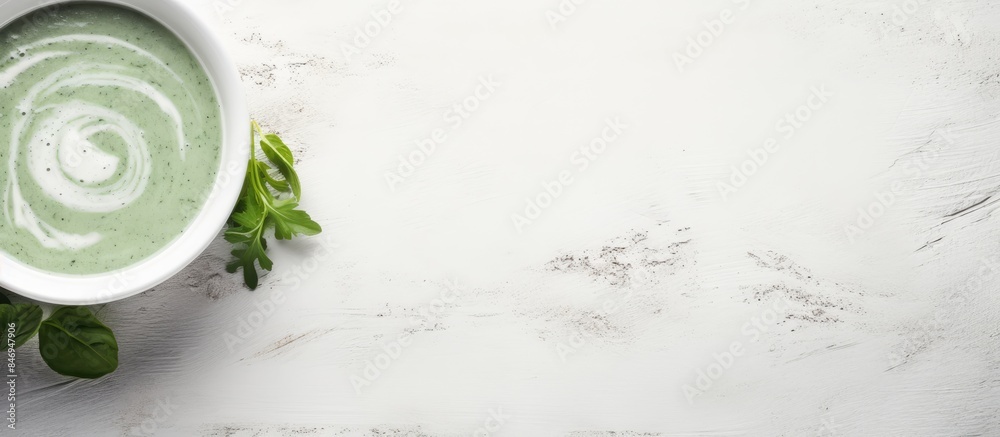 Aufkleber Spinach cream soup in a bowl presented on a white rustic tabletop from a top view. with copy space image. Place for adding text or design