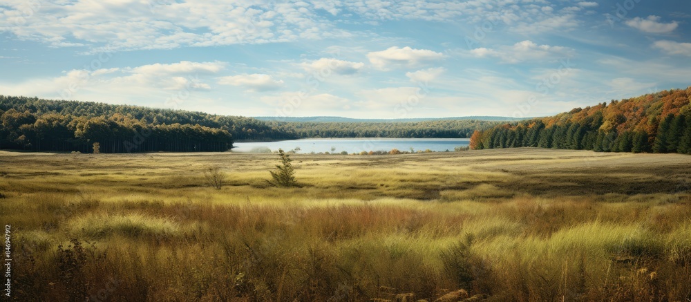 Aufkleber Open field with tall grass stretching towards a serene lake, set against the forest of Quabbin Reservoir in Ware, Massachusetts. with copy space image. Place for adding text or design