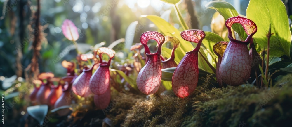 Poster Bunch of pitchers of plants in a lush forest setting, showcasing Nepenthes Tropical pitcher plants and monkey cups. with copy space image. Place for adding text or design