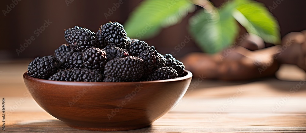 Poster Juicy ripe mulberries gathered in a bowl placed on a wooden table, showcasing their vibrant color and freshness. with copy space image. Place for adding text or design