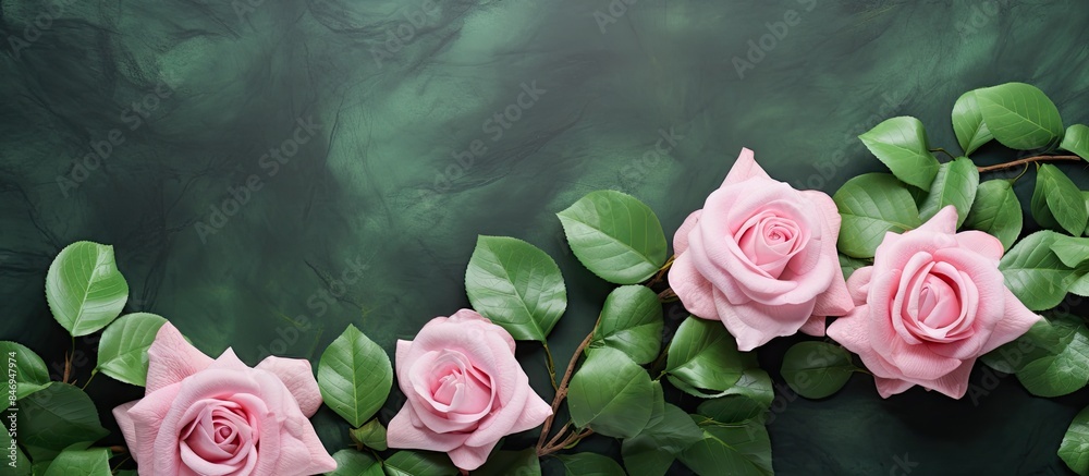 Leinwandbilder pink rose flowers surrounded by lush green leaves set on a dark background creating a vibrant contra