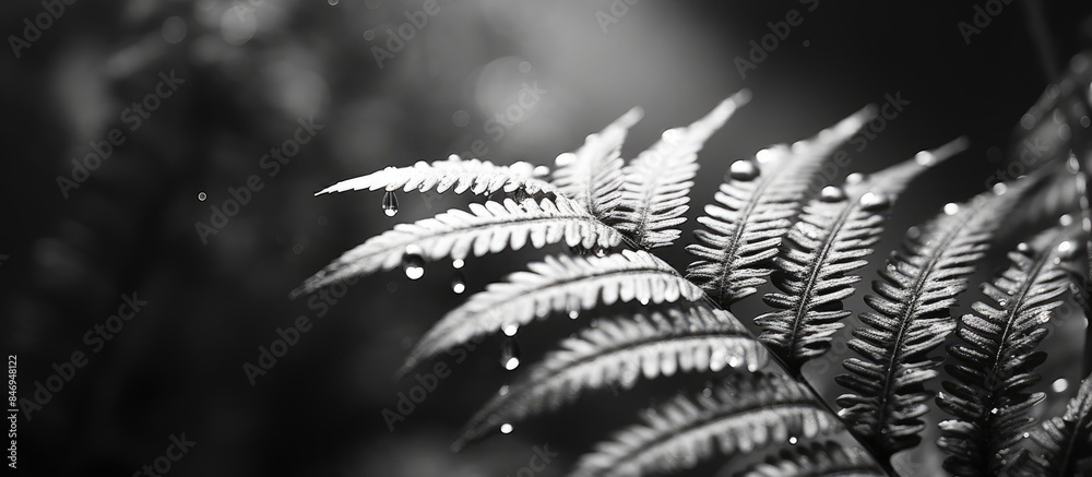 Poster Close-up macro photography of a green fern leaf with water droplets on it, creating a serene nature background in monochrome. with copy space image. Place for adding text or design