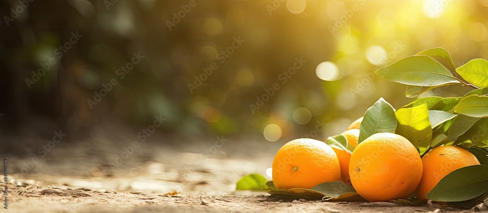 Poster ripe and bright oranges laying on the ground in a natural setting. with copy space image. place for 
