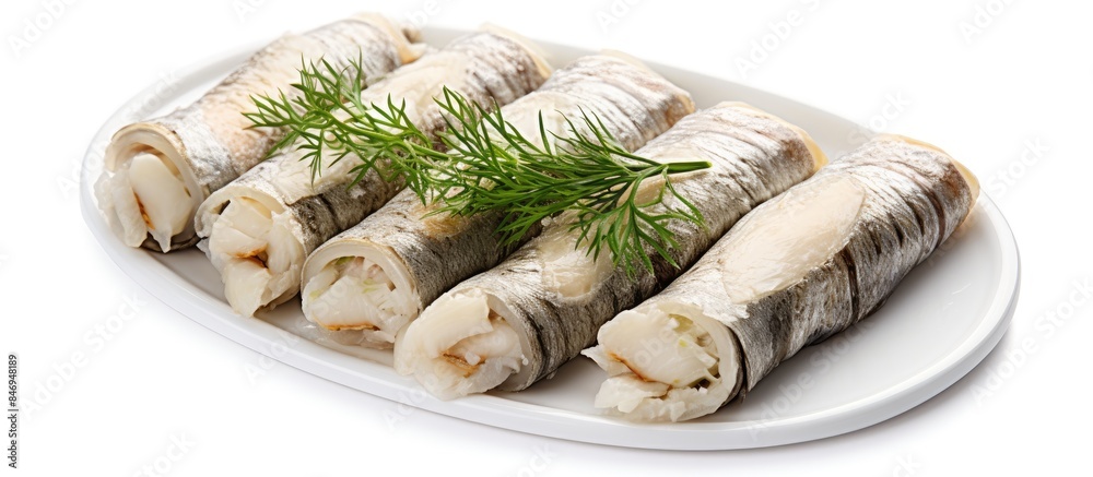 Leinwandbilder An arrangement of various fish types rolled in a presentation on a plate ready for serving. with copy space image. Place for adding text or design