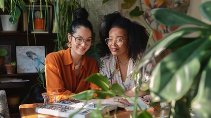 A diverse lesbian couple creating a DIY home office