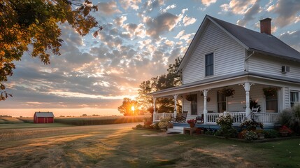 Farmhouse Sunset with Warm Hues