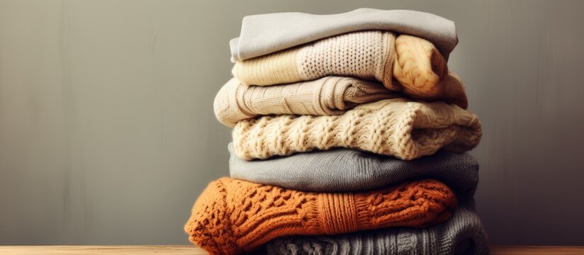 A stack of warm winter woollen knitted sweaters, showcasing organic, eco-friendly, and sustainable clothing in the realm of slow fashion. with copy space image. Place for adding text or design