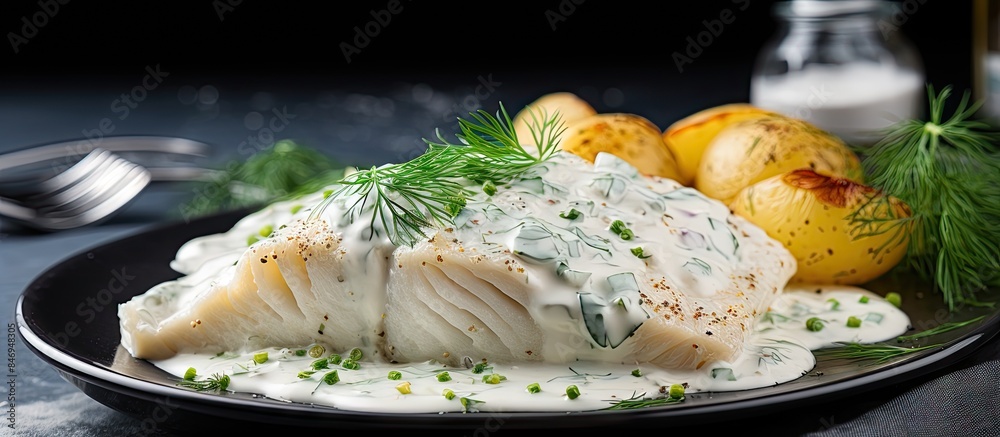 Aufkleber fish fillet and boiled potatoes on a dish with dill sauce, a delicious meal option. with copy space 
