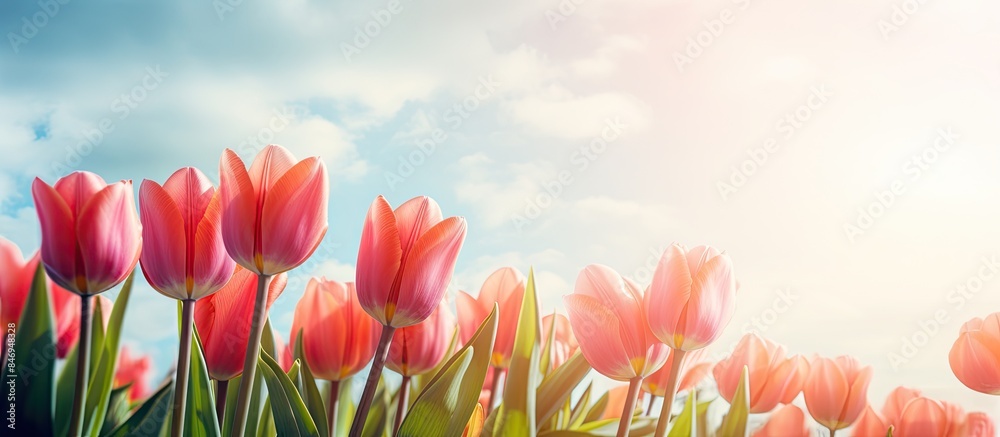 Aufkleber lush pink tulips in full bloom spread across a meadow under a clear blue spring sky. with copy space