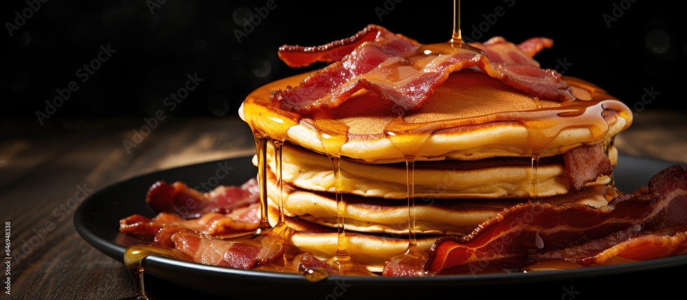 Fototapete pancakes topped with crispy bacon strips and drizzled with delicious maple syrup, perfect for a hear