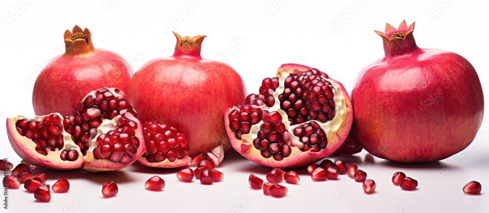 Poster Sliced ripe pomegranates displayed up close, showcasing their vibrant red seeds and juicy insides on a white background. with copy space image. Place for adding text or design