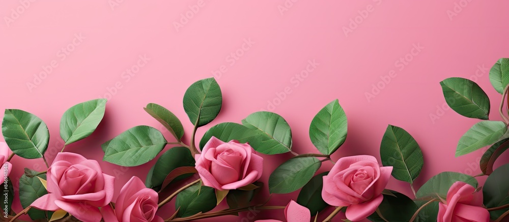 Aufkleber Pink rose petals and lush green foliage complement each other beautifully against a soft pink background. with copy space image. Place for adding text or design