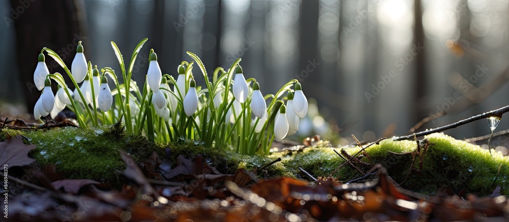 Poster amidst the soft moss, delicate white flowers bloom in a serene natural setting, signaling the approa