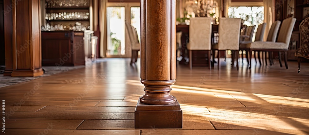 Poster Rustic pillar feature in dining area of home, viewed from low angle across parquet floor. with copy space image. Place for adding text or design