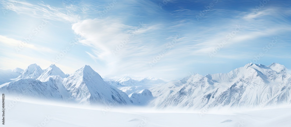Poster mountains enveloped in fresh powder snow, with peaks visible beneath the cloud-filled sky. with copy