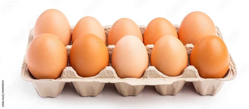 Aufkleber close-up view of a carton of eggs on a plain white backdrop. ten raw chicken eggs packaged in eco-fr