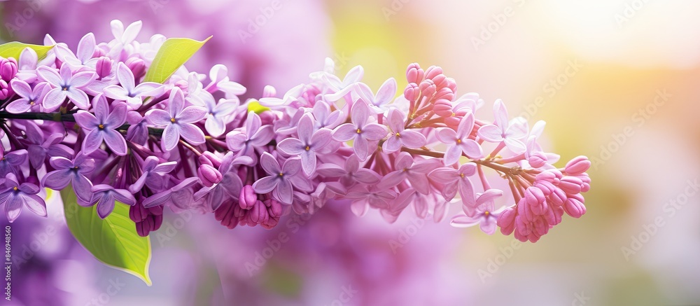 Poster branch adorned with blooming purple lilac flowers under the sun's rays, showcasing the beauty of spr
