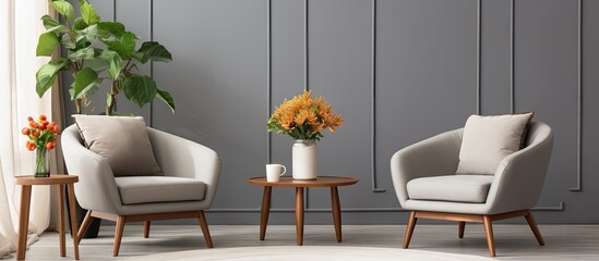 Interior featuring two chairs and a table, with a potted plant in the background. with copy space image. Place for adding text or design
