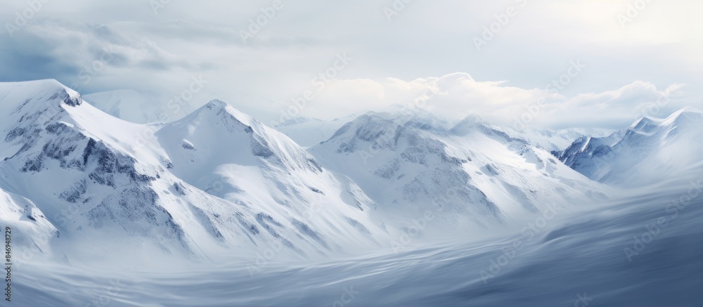 Aufkleber Snow-covered mountains stand tall in the winter season against a backdrop of a few clouds in the sky. with copy space image. Place for adding text or design