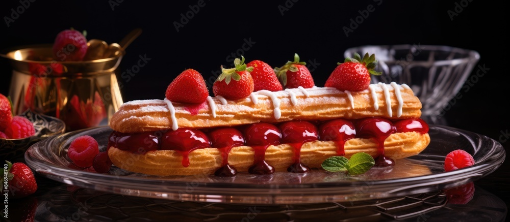 Fototapete waffle cake topped with fresh strawberries and drizzled with syrup, served on a plate. with copy spa