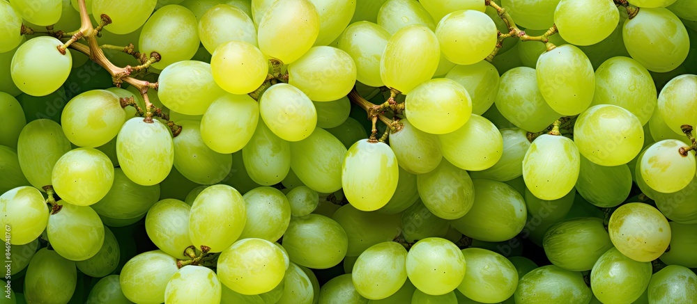 Aufkleber A close-up view of a cluster of fresh green grapes placed on a wooden table. with copy space image. Place for adding text or design