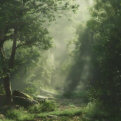 Obraz premium Foggy forest morning with sunlight piercing through mist