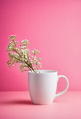 Simple mockup of a white mug with gypsophila flowers on a pink background