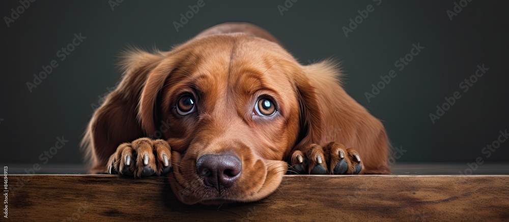 Poster A melancholic canine with striking blue eyes gazes sadly over a rustic wooden table. with copy space image. Place for adding text or design