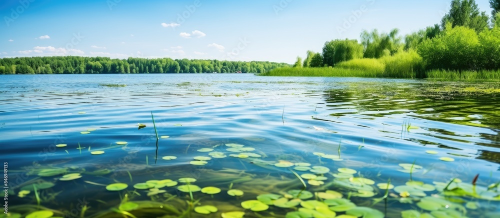 Fototapete Calm lake surface surrounded by greenery and lily pads with trees in the background. with copy space image. Place for adding text or design