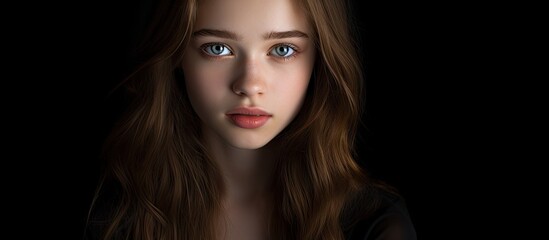 Fototapeta premium Attractive teenage girl posing against a black background with her long hair cascading and striking blue eyes. with copy space image. Place for adding text or design