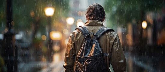 Young man with backpack walking in city rain, soaked despite raincoat, powerful water drops, tropical storm atmosphere, back rear view. with copy space image. Place for adding text or design