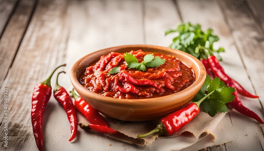 Wall mural bowl of red hot chili pepper sauce or Malaysian Sambal on wooden background
