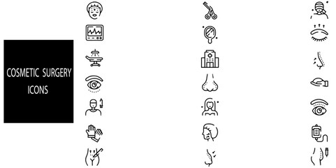 Cosmetic surgery simple concept 21 icons set.Included the icons as cellulite, beauty, marking, skin, and more. vector illustration.