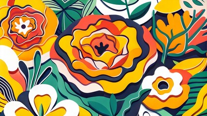 A bold and modern floral illustration featuring large flowers with striking colors on a yellow background. Suitable for posters, modern home decor, fabric prints, and contemporary greeting cards.