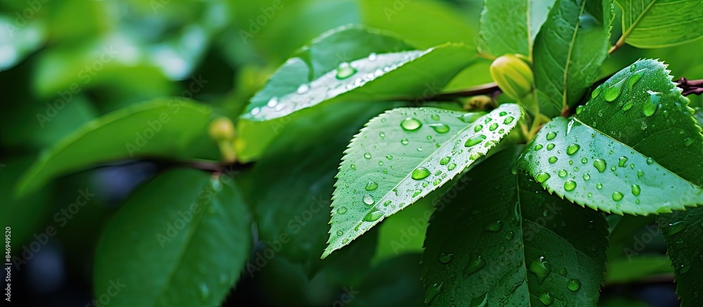 Aufkleber raindrops glisten on the delicate leaves of roses and other green foliage. with copy space image. pl