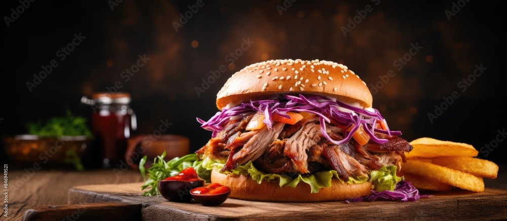 Wall mural Close-up of a tasty sandwich filled with meat and vegetables placed on a wooden cutting board. with copy space image. Place for adding text or design - Wall murals