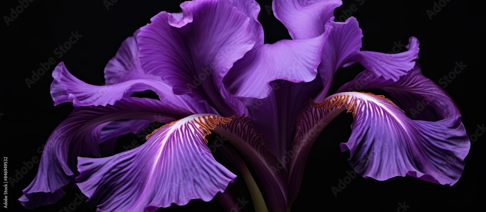 Poster Purple iris flower in full blossom contrasting against a dark black background. with copy space image. Place for adding text or design