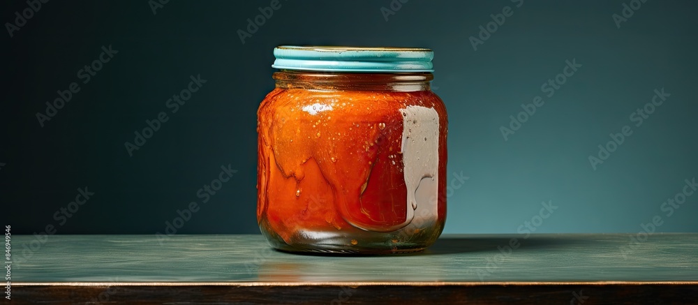 Poster close-up view of a glass jar filled with pickled peppers resting on a wooden table. with copy space 