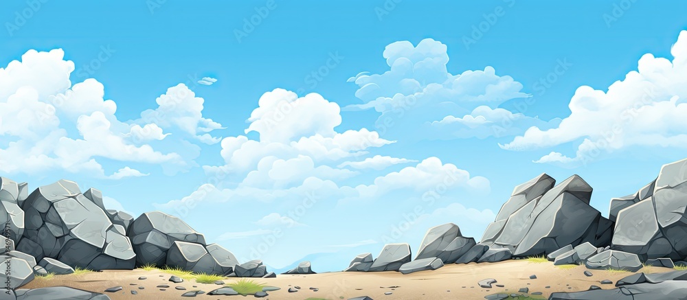 Poster Scenic view of a picturesque rocky landscape with a serene river meandering through the terrain. with copy space image. Place for adding text or design