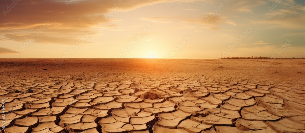 Aufkleber barren desert landscape under a setting sun with cracked earth, depicting drought and ecological dis