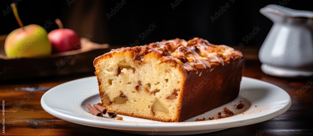Aufkleber Loaf of bread on plate with apples pitcher in background. Spicy apple loaf cake sliced on plate. with copy space image. Place for adding text or design